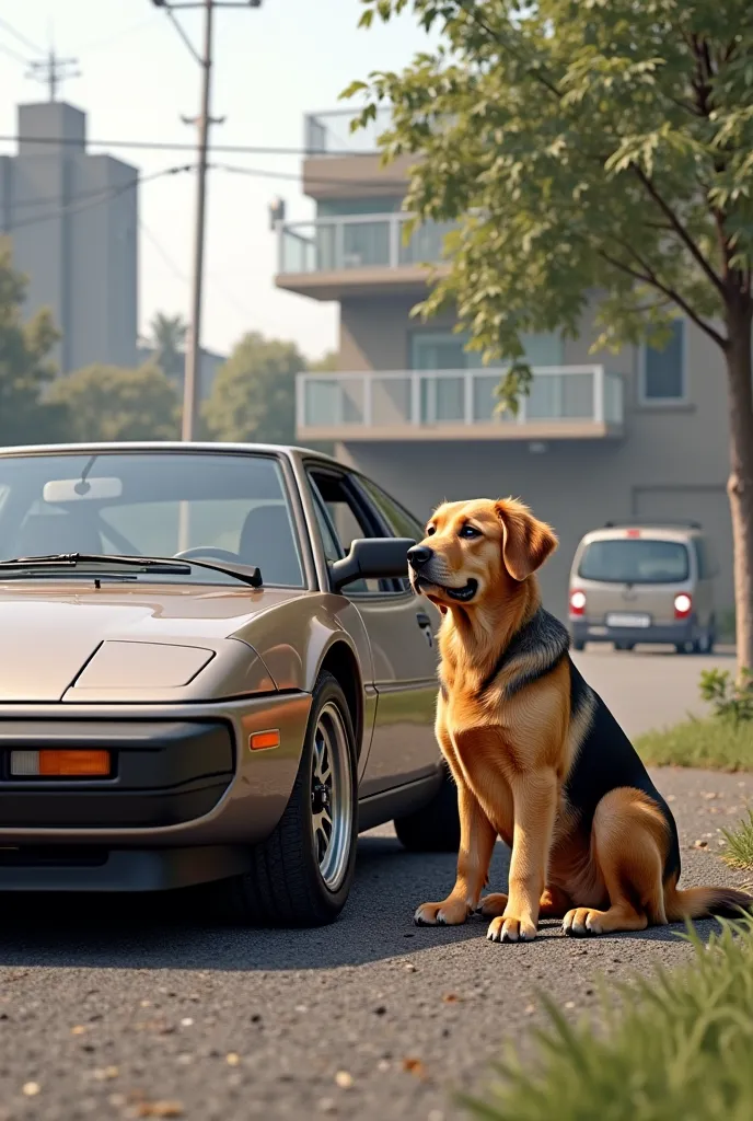 A dog next to the car