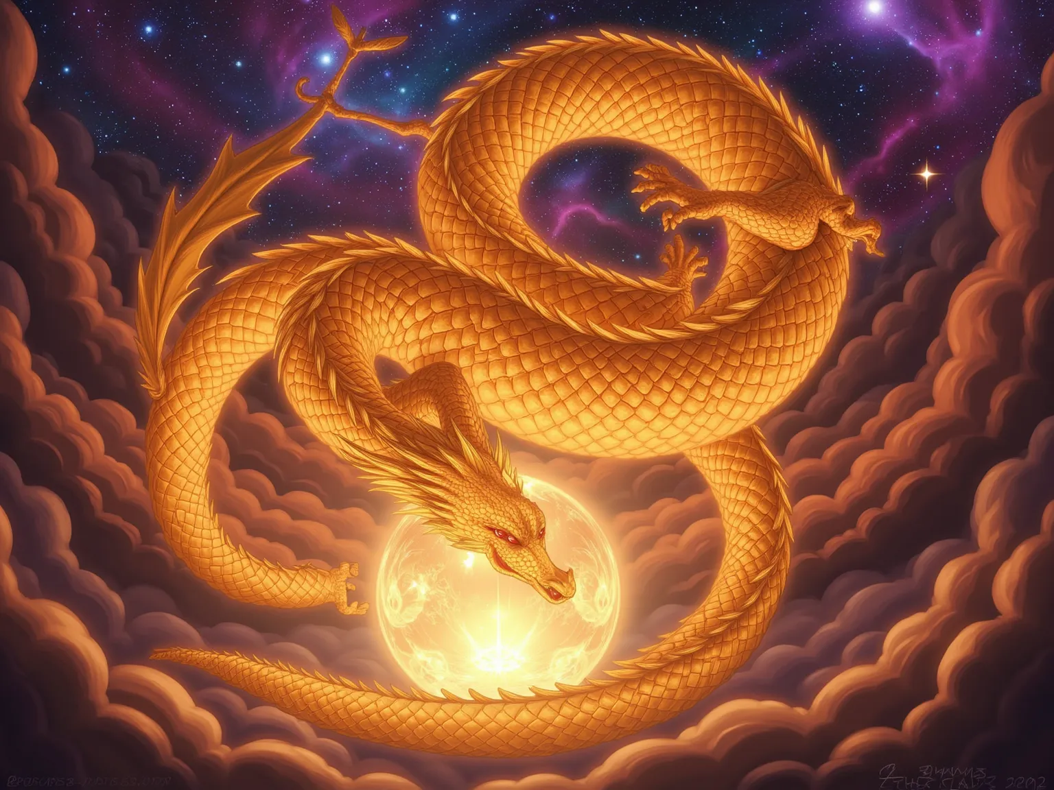 Hyper-realistic depiction of a divine dragon inspired by Dragon Ball Z, with glowing golden scales, piercing red eyes, and an aura of immense power. The dragon is coiled around a floating set of Dragon Balls, emitting radiant energy. The background feature...