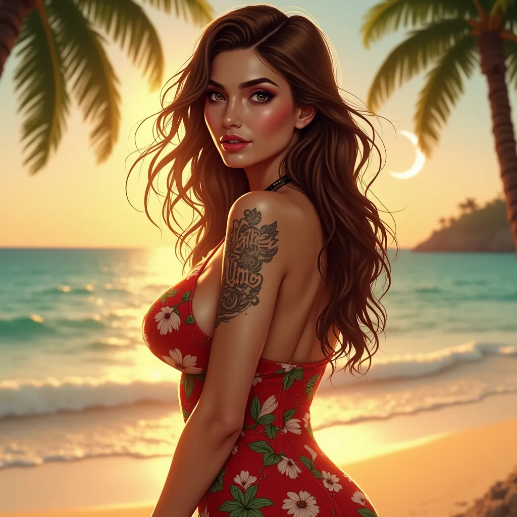 a beautiful white woman with big boobs and tattoo wearing a summer Hawaiian dress, with brown hair, and " claire " is written in shoulder, with Summer beach background, with crescent moon behind