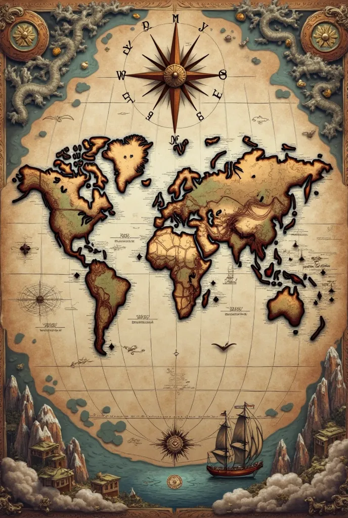 Picture of the world in the form of an ancient map and compass 