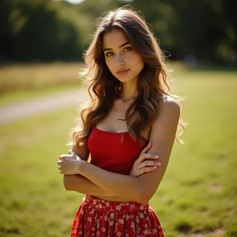 A young woman standing on a patch of grass outdoors, turned your head slightly to the left. She has long wavy hair and is wearing a sleeveless red top paired with a floral patterned red skirt. Her arms are crossed in front of, and she gazes gently towards ...