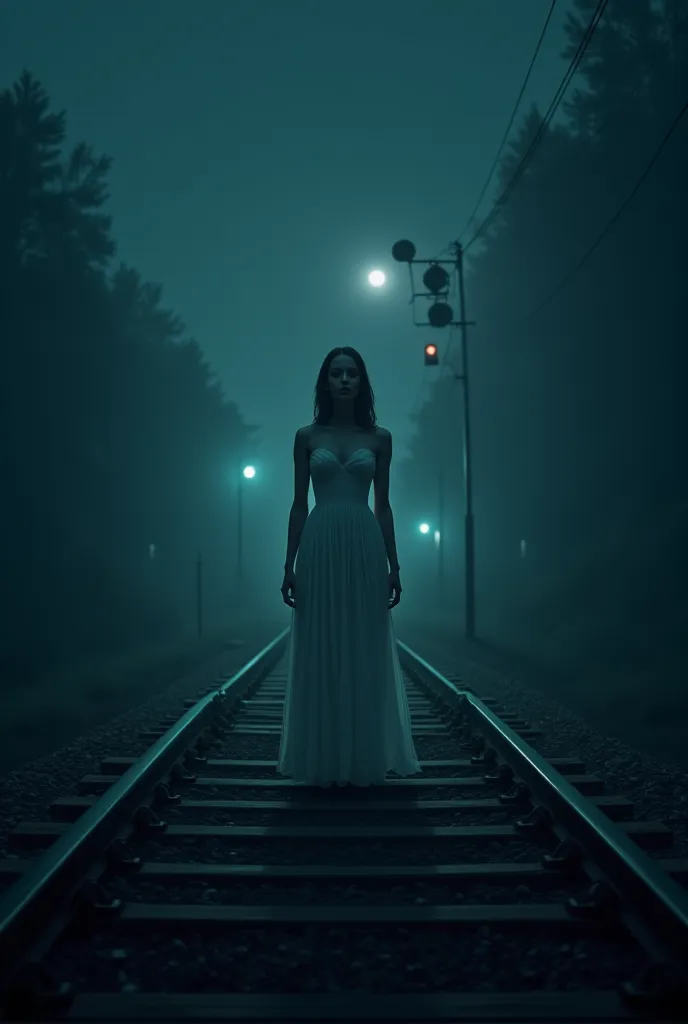 "A railway crossing at night with a woman in a white flowing dress standing eerily on the tracks, her dress fluttering in the wind."
