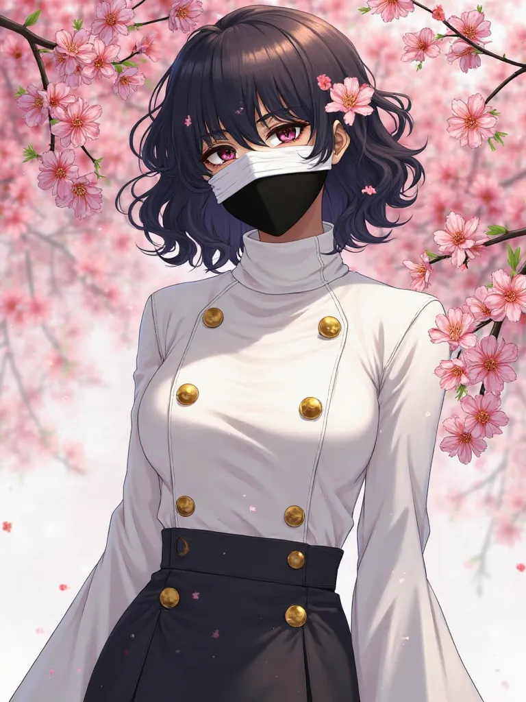 Anime art, women's white long sleeve clothing with gold buttons, with a high collar that covers part of the face,, bandaged eyes, curly hair and completely black face, black pants and pink cherry blossoms around them