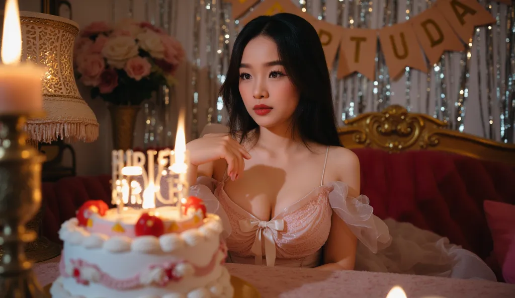 Create the birthday cake with my additional with one beautiful woman and big boob and more sexy with full body please