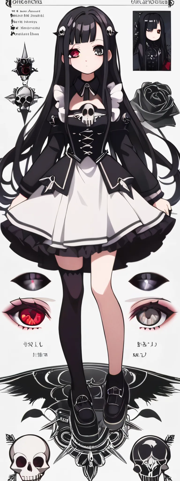 1girl, Long Hair, gothic girl, one red eye, one gray eye, gothic uniform, Skull Hair Ornament, Makeup, Heterochromia, black hair, full body character sheet,