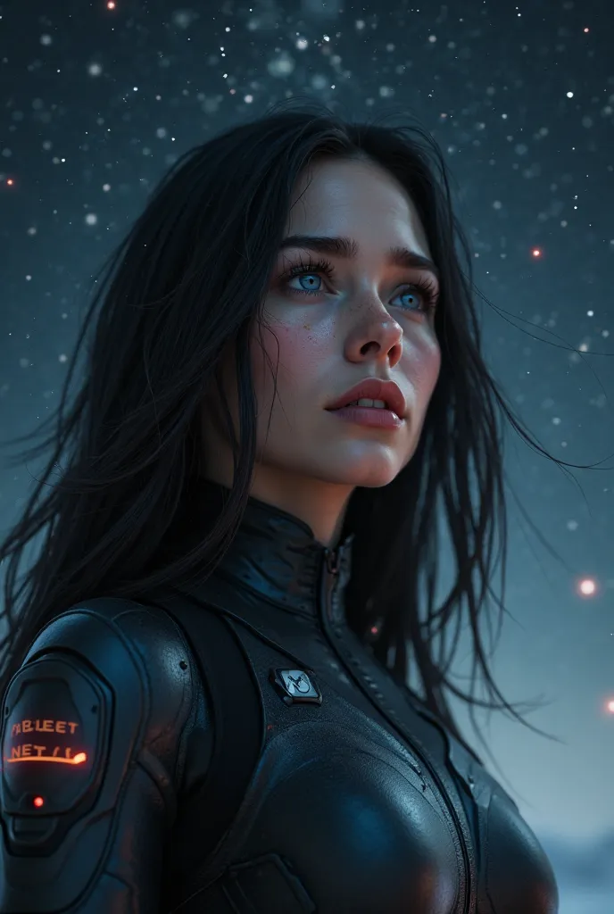 25-year-old woman , black hair , blue eyes, in a futuristic military uniform,  looking at the stars ,with tears in the eyes