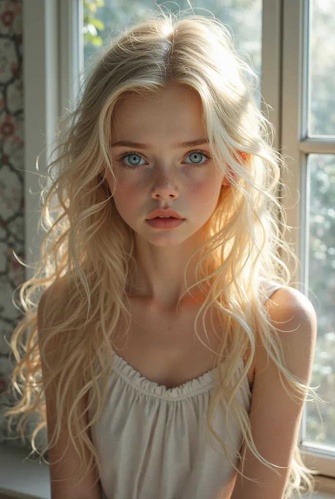 Create a blonde, blue-eyed girl in a well-lit room.