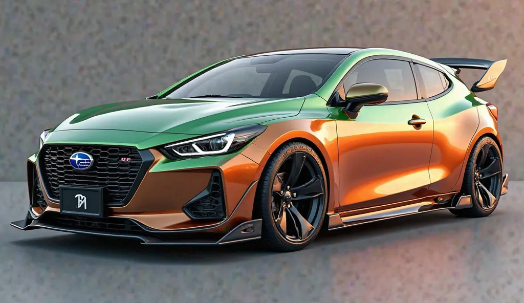 create an ultra-detailed 3D render, of a modern The( " 2026 Subaru New Hardtop ( Side view. The car should feature a ('Gleamy carmey Salmon HIGHLIGHT.  GREEN ORANGE MIX Color with a '
 2026 Subaru New Hardtop   Logo  on its front), a white detailed grille ...