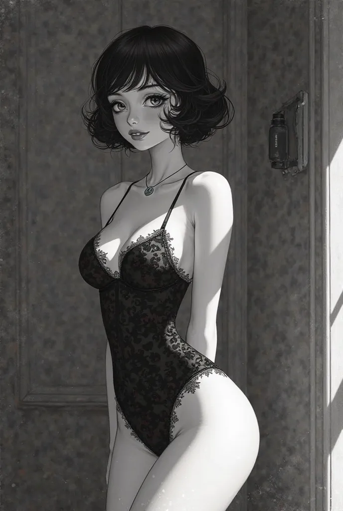 Sexy anime cartoon style girl from the 30s in black and white, anime girl in sexy lingerie 