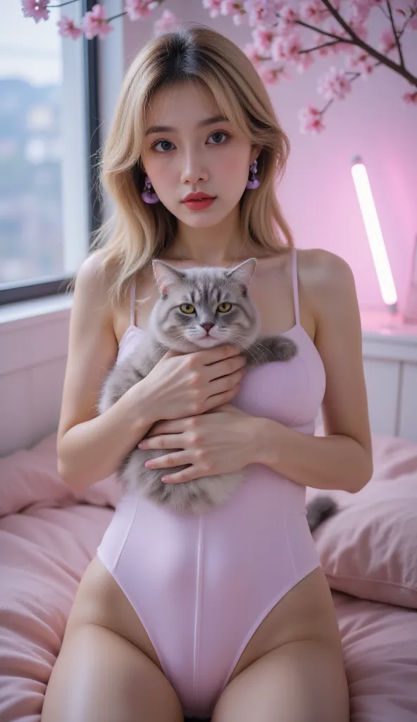 spread your legs，She is holding a cat ，cat selfie，sakura，sex ，Cherry blossom petal rain，(( masterpiece:1.2, Best Quality)), Pacifica Northwestern.  small .  huge hips .  thin body,  Long blonde hair with bell-shaped bangs and dark blue eyes . She also has ...