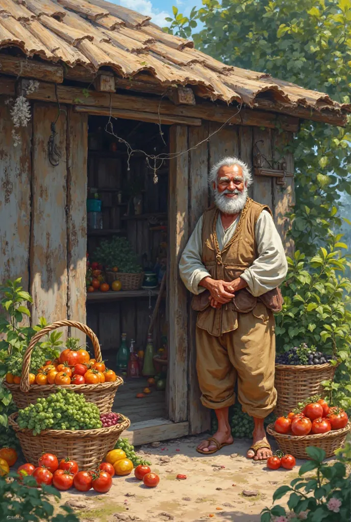 A happy beggar standing next to his old and rugged small house with abundant harvest of fruits and vegetables in his side. Foods are plenty too 