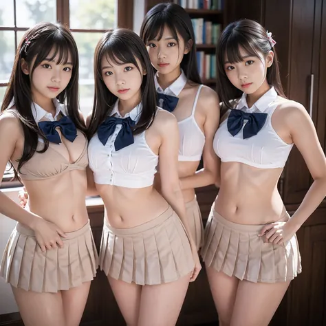 (4K, high quality, high quality, masterpiece), (realistic), ((Three girls are in front of me ,  perfectly symmetrical , Head to Thighs)), (((Turn your body 、look at me))), (((Bow tie around neck, Nude, pleated micro mini skirt))), (  black hair,  face, 笑fa...