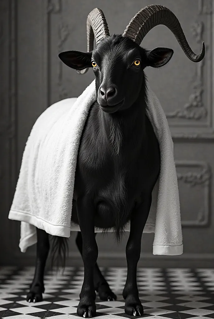 Strong black goat with white bath towel black and white plaid floor background image re