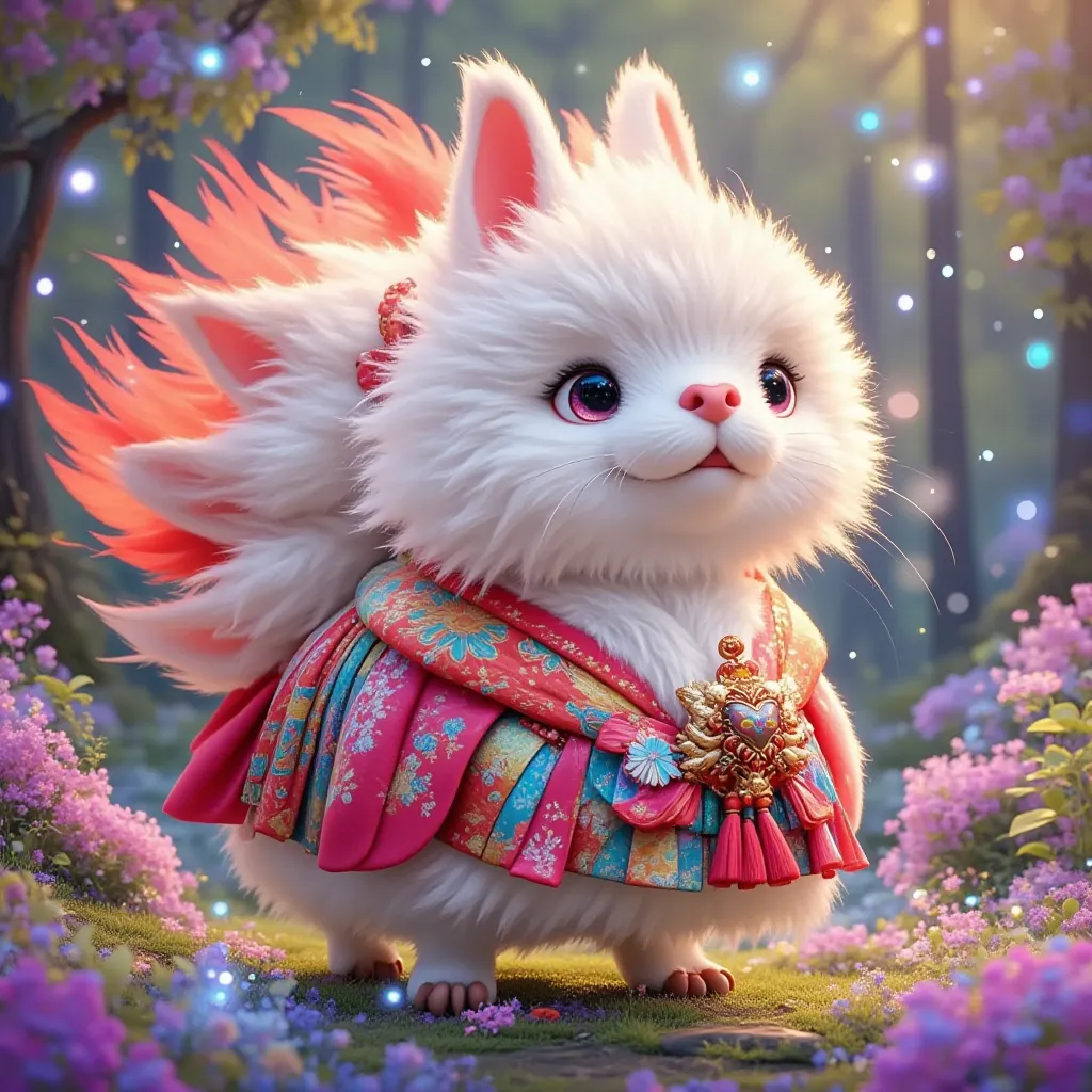 A white and red kitsune animal at the end of its tails, young man with a super clean coat, Lacio and 7-tailed with a background of fireflies with shades of blue