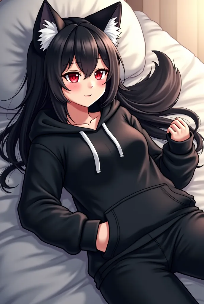 A girl with long black hair with white highlights, red eyes height 5'4, big breasts and thighs and ass, black baggy clothes and hoodie, wolf ears and tail, very very fluffy wolf soft wolf ears and tail, laying down on the bed, on her back, her left shoulde...