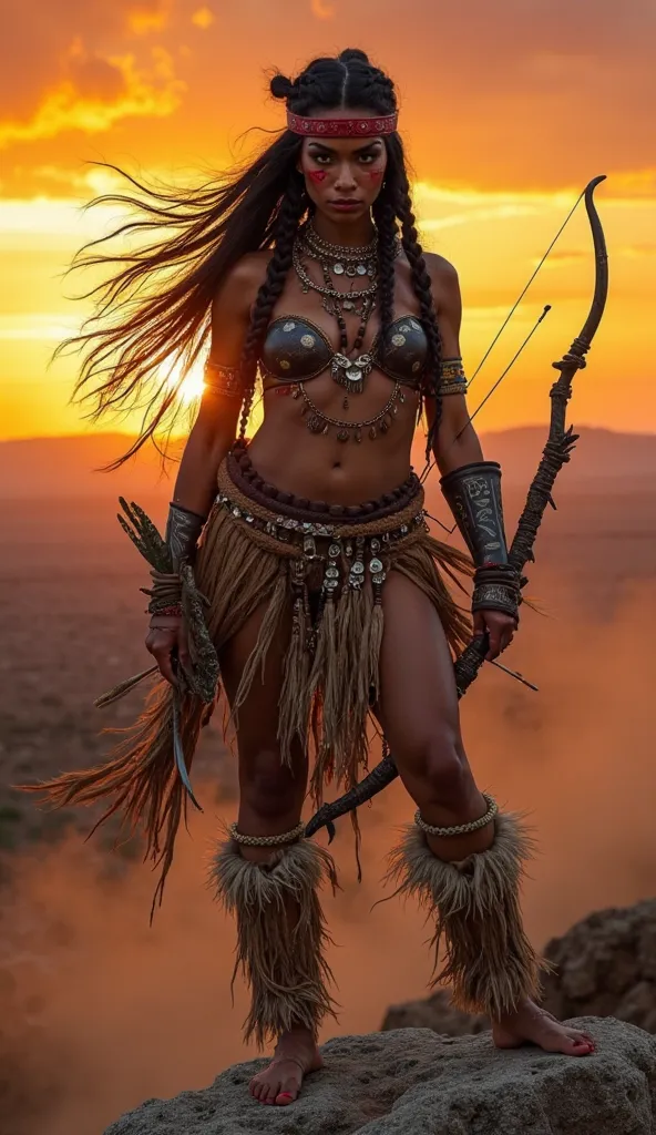 A powerful Cherokee warrior woman with long raven-black hair braided with beads and eagle feathers, (Voluptuous and beautiful body, killer curves, Sapiosexual, she has giant breasts, mammary hypertrophy, huge bust, macromastia)  wearing traditional buckski...