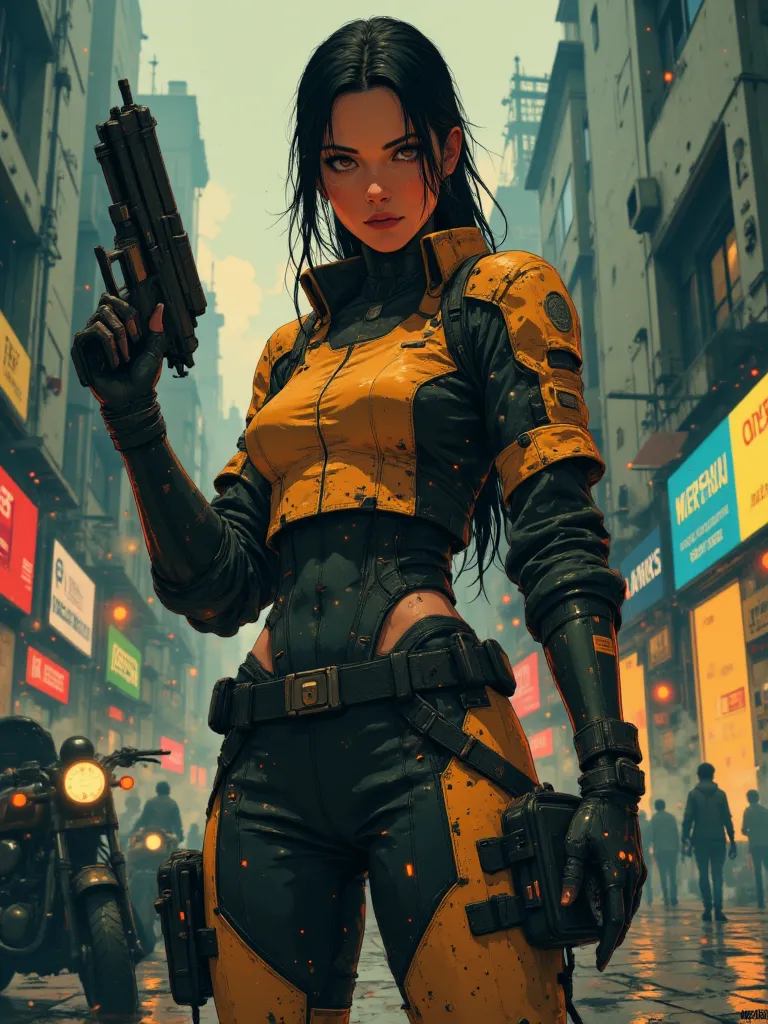 Anime woman medium breasts, with a gun, futuristic suit, tactical pose, in the medium distance a motorcycle, tech City background, so many details 