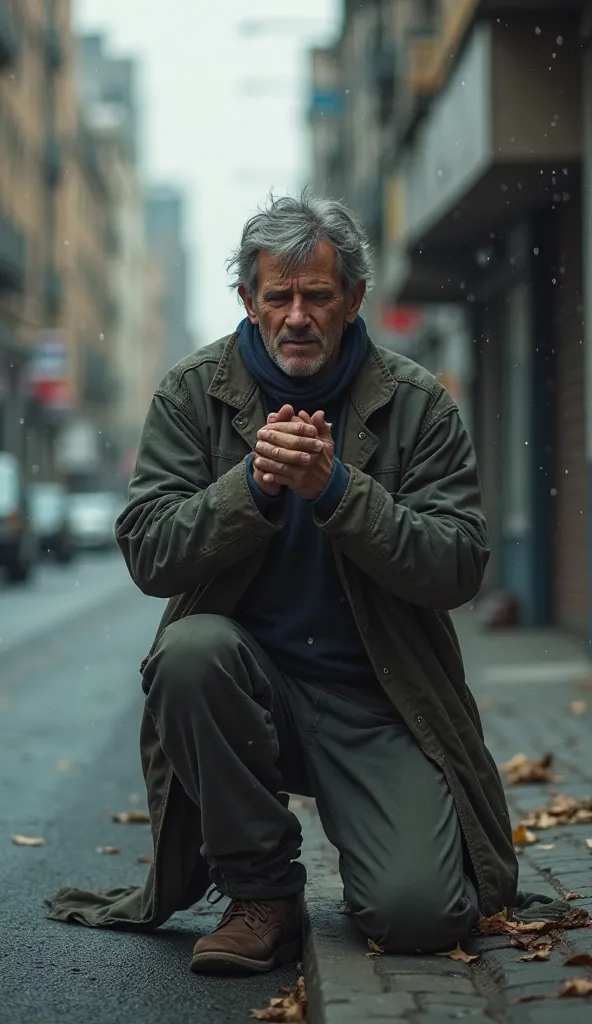 A man on his knees crying sitting on the side of the street with his hands raised 