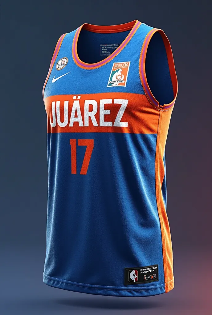 Create the design of a basketball shirt with the main color blue , With orange and white with the word Juárez 