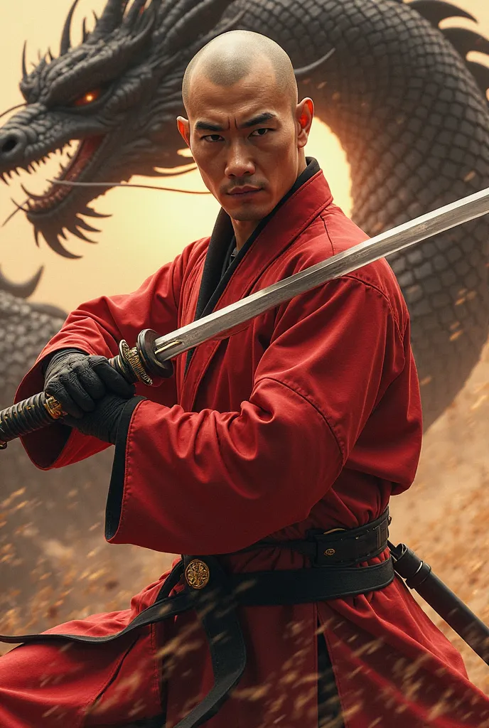 There is a Korean man with a famous sharp nose.I&#39;m a skinhead..Put on a red ninja costume.Double Sided Samurai Sword Mobile.Behind there is a black Tamil dragon.background, sun splashing light