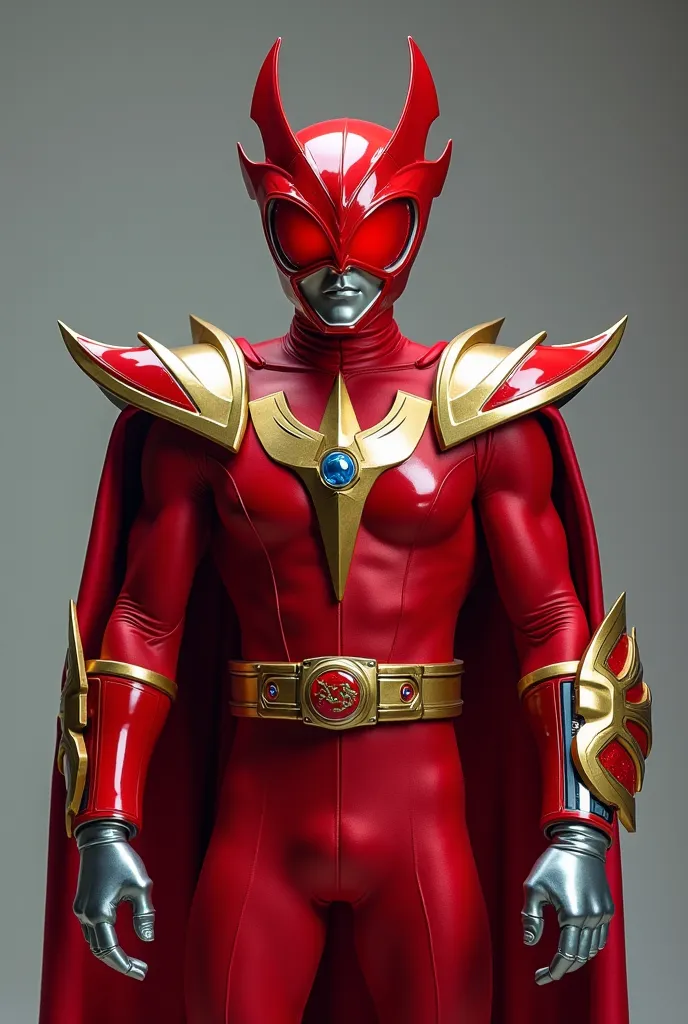 a red super sentai with a red visor in the shape of a bat, a jewel on his right chest with the same symbol, Bat wings on the shoulder pads, It has no cape and has a gray metal glove with a smartphone-shaped card scanner located on the wrist, a golden belt ...