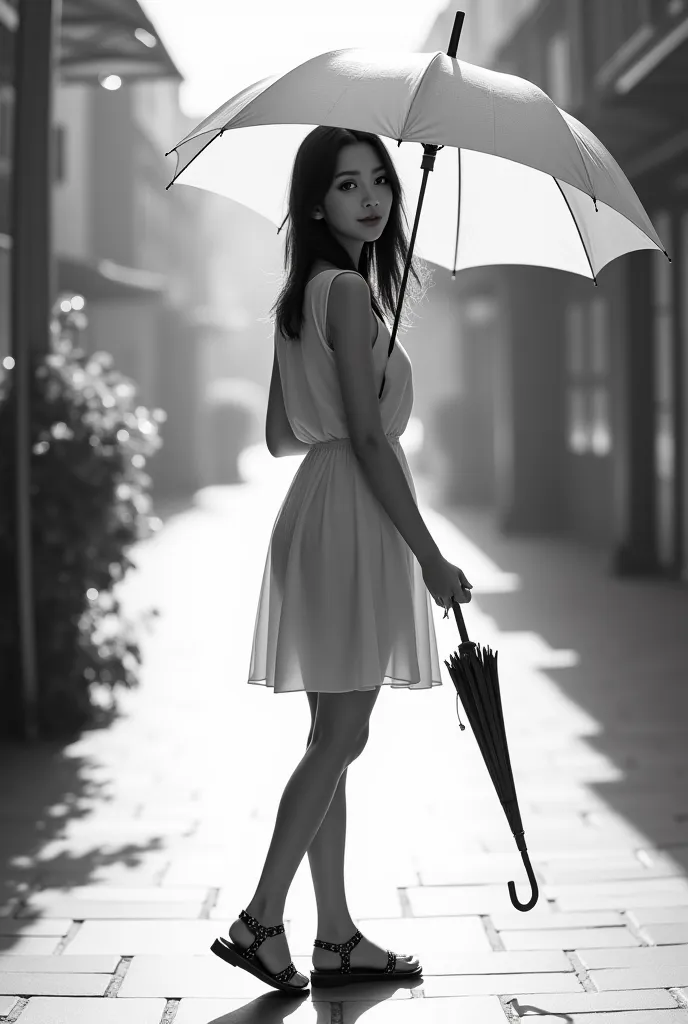 Generate me a girl wearing sandals and has an umbrella on her hand age 19 turning around use black and white color only