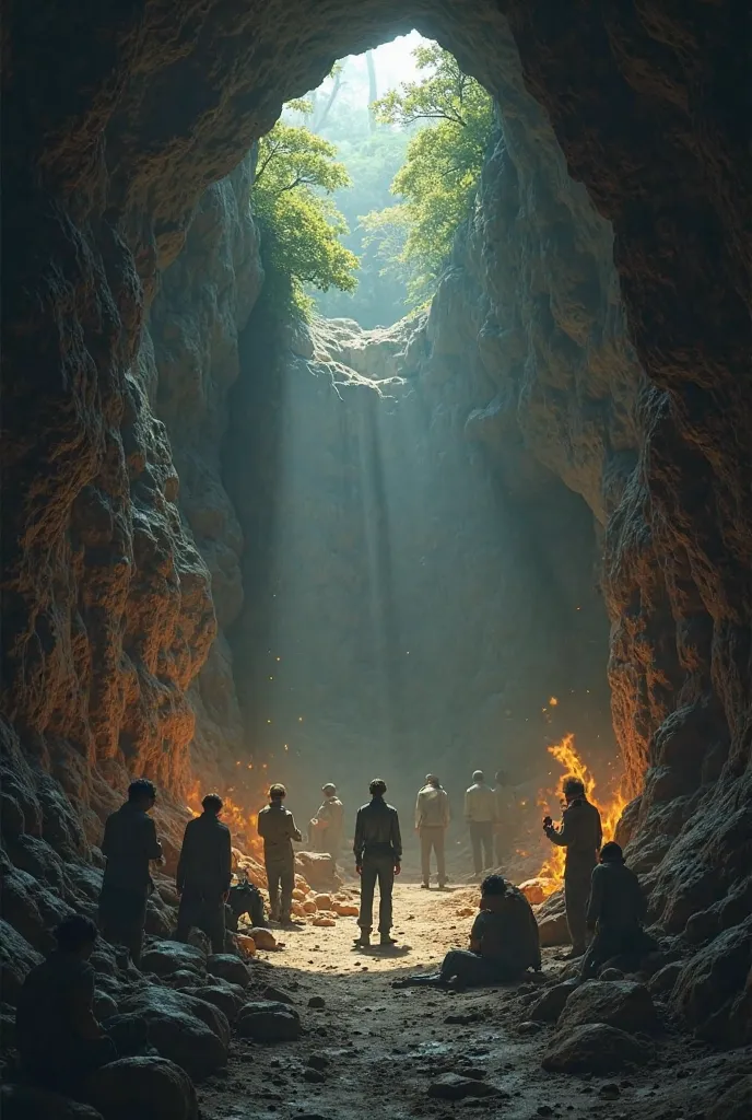 1. **Inside the cave**：
   - A deep cave，rough，Dim light，, the overall atmosphere is depressing。
   in stark contrast to the darkness inside the cave，their necks and feet are chained，is unable to turn or move， can only face the wall of the cave。
   - Priso...