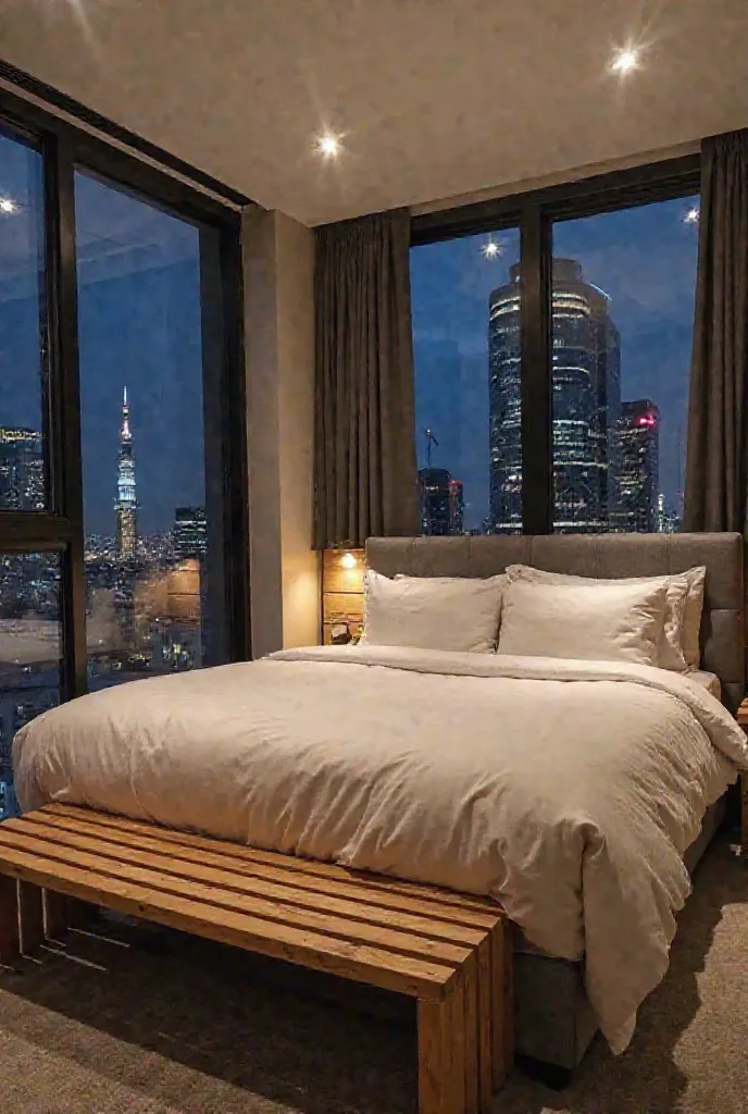 Cozy room with a large and comfortable double bed, soft comforter, behind a gray linen headboard. In front of the bed, place a slatted wooden rack with a 50-inch television above. building with glass walls with black frames and views of the city at night 