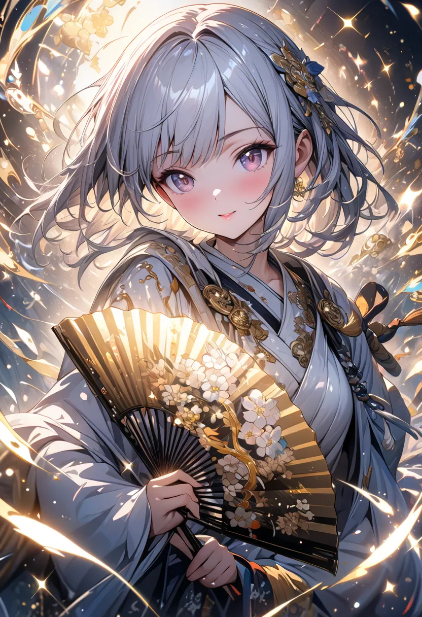 ((Girl holding a fan, wearing a mizuhiki)), masterpiece, top quality, highly detailed, detailed 4k artwork, shiny, sparkling, white glitter and sparkles, magic particles