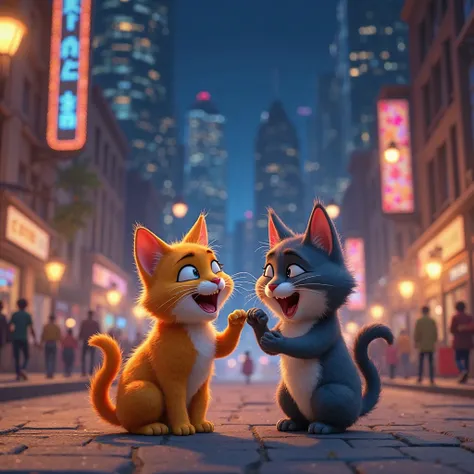 2 cat laughing in the city at night "make it pixar cartoon"