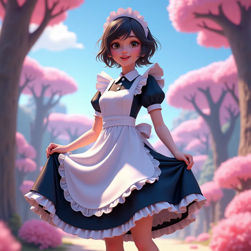 To this image put a maid costume but with a full body or that you can create something new or that is animated something as a background but with the theme of the same photo that I sent you 