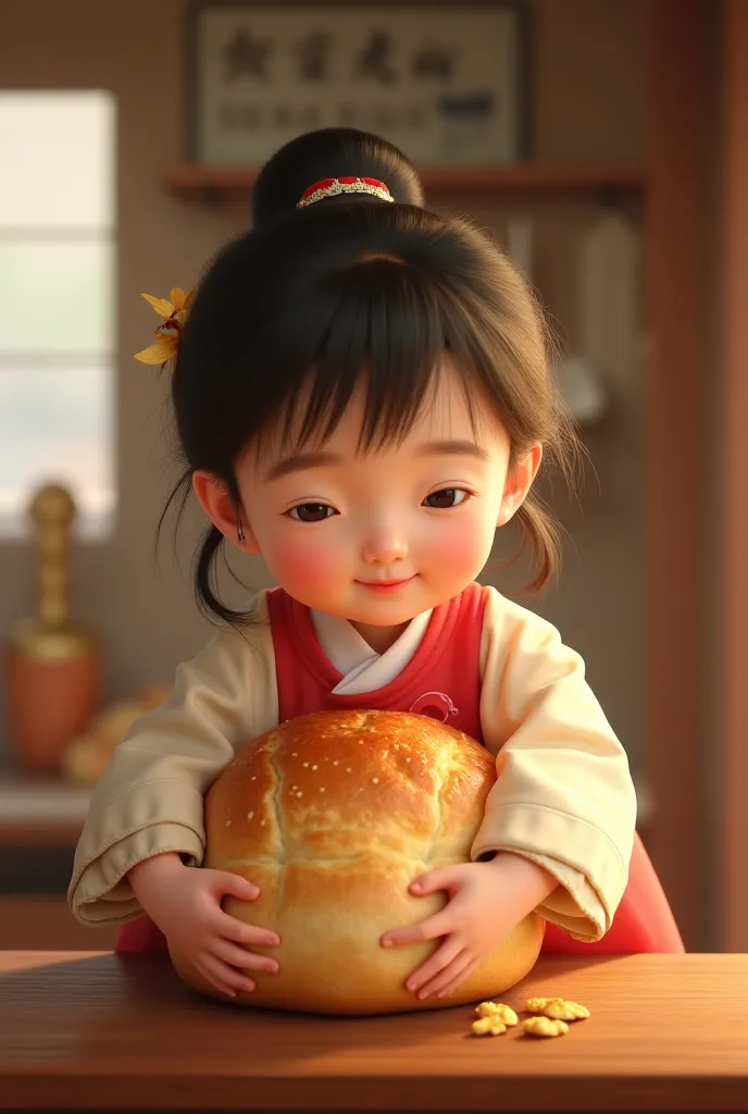 Korean girl hugging bread