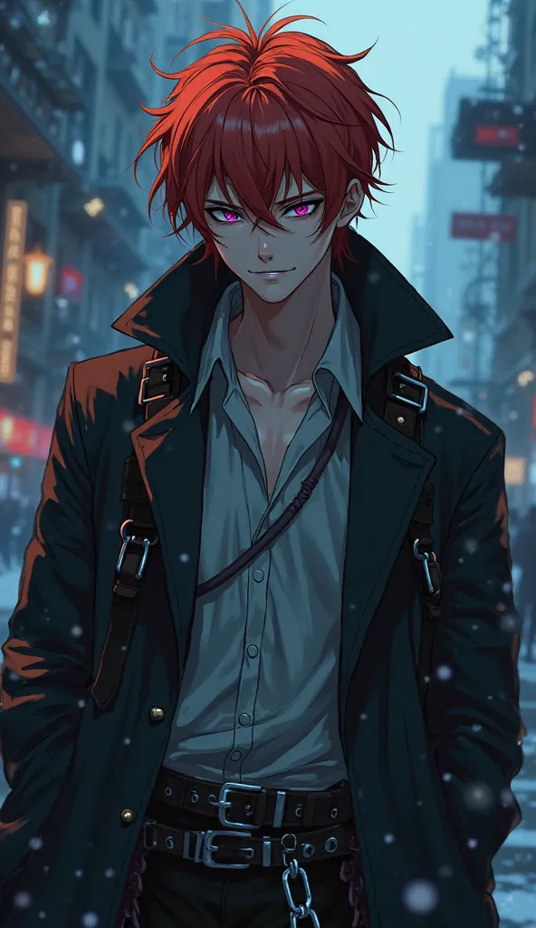 Anime style, The man steps forward, his piercing wild cat eyes locking onto the scene before him. The depth of his gaze is amplified by the tilt of his eyes, creating a hypnotic effect that makes it impossible to look away. His darkened pupils, darker than...