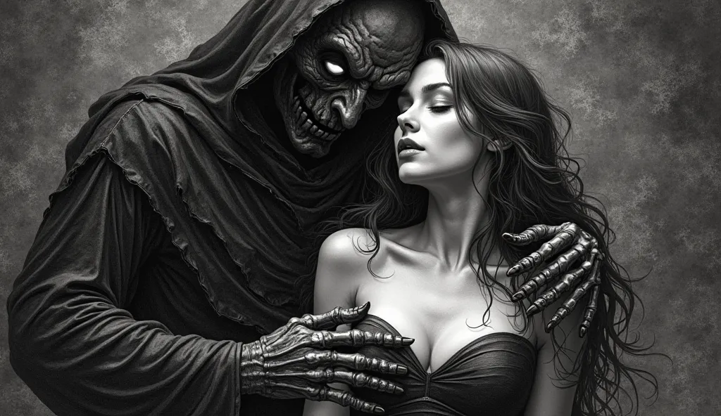 A dark and detailed illustration in ancient engraving style, borderless, representing envy as a dark and  spirit, with empty eyes and skeletal hands, sucking the energy of a beautiful living woman. The woman has a sensual and well-defined face, with full l...