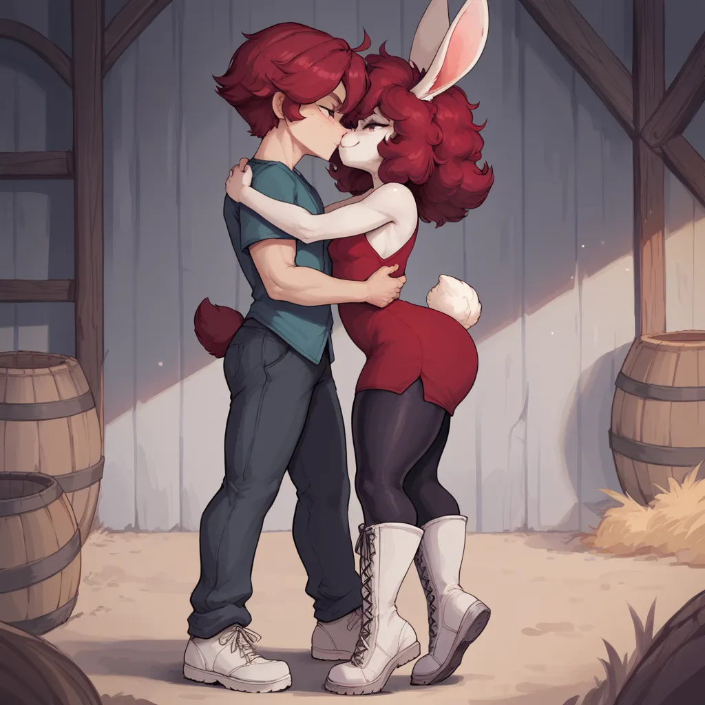 [2 people], (anthropomorphic rabbit woman, medium fluffy hair, small breasts, attractive, red dress, white knee-high boots, sleeveless, shapely body, rabbit tail, gray furry skin, petite, freckles, freckles on face, smug eyes, (expression of excitement), s...