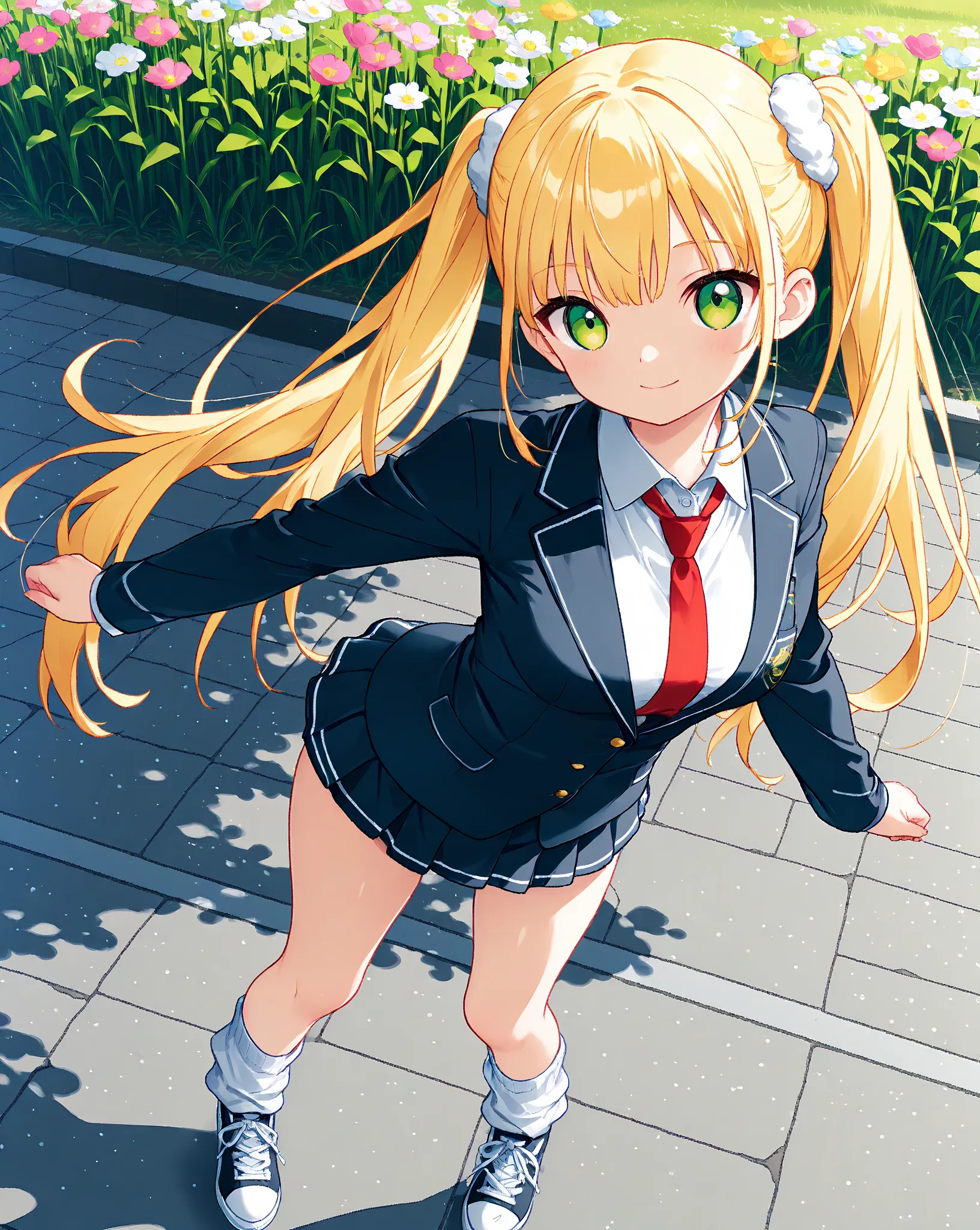 anime style、high contrast、solo、1 standing girl、blonde twin tails、sling、green eyes、cute face、SMALLE BREASTS、blazer、(micro miniskirt: 1.3)、loose socks、sneakers、A field full of spring flowers、Strong winds、((high_quality)), ((super_Detailed)), top quality、mast...