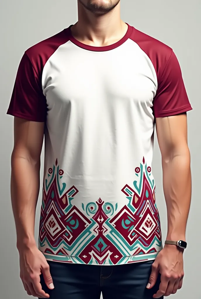 White Tshirt and full maroon color in the shoulders then put tribal designs in the lower area of the shirt