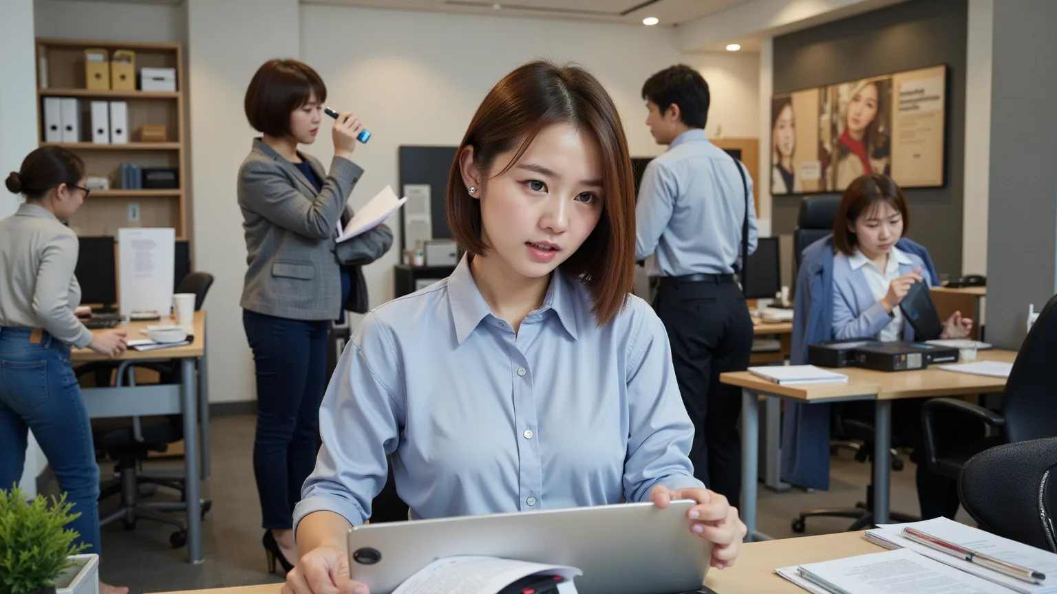 Several cute young Asian women are in an office. They are wearing tight micro , high heels, and button-down shirts. They are busy and stressed out. Their desks are cluttered.