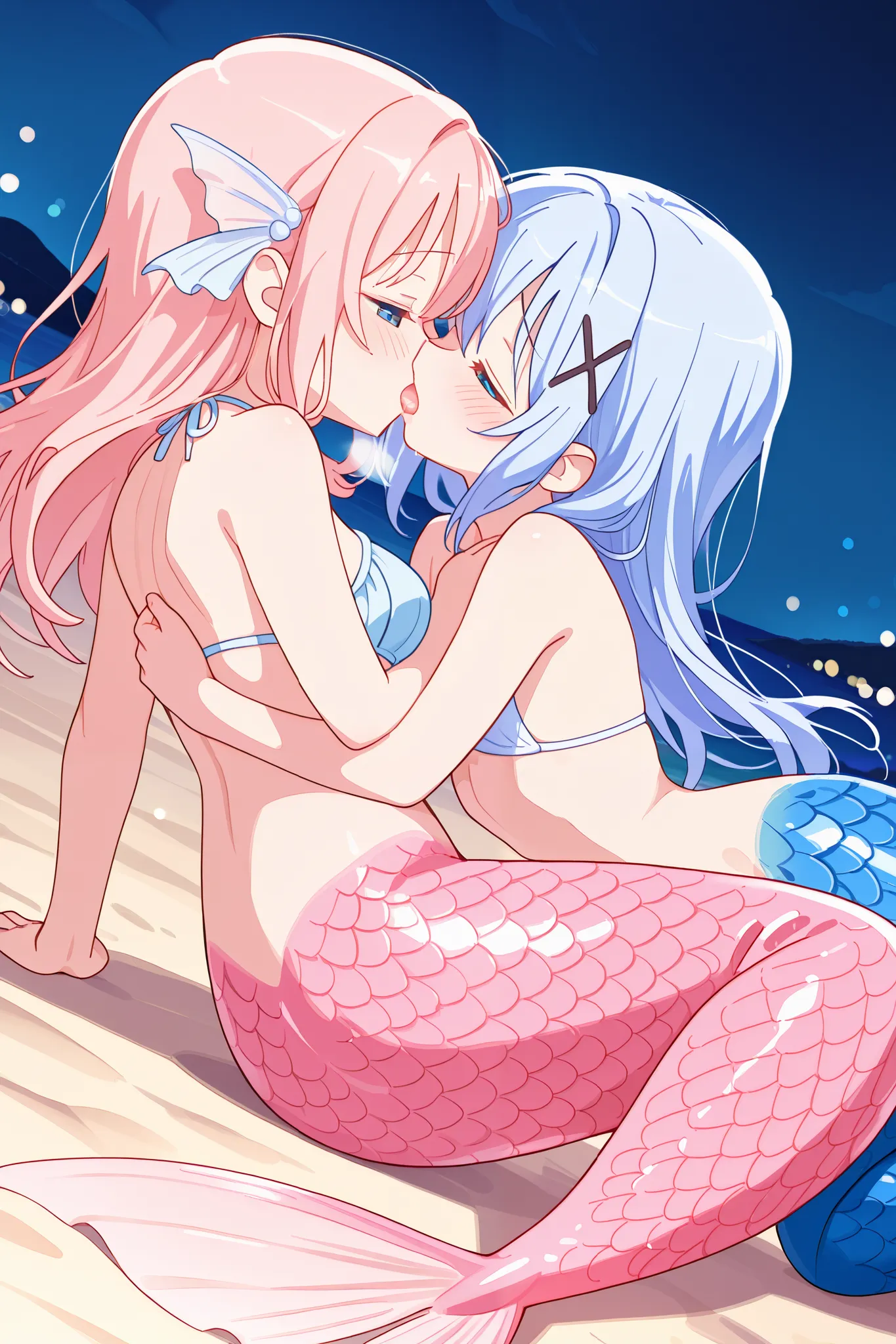 2girls, ((Chino kafuu, mermaid, blue scales)l, ((Cocoa Hoto, mermaid, pink scales)), heavy breathing, cute, beach, struggling, on floor, motion efect, half closed eyes, yuri, kissing, french kiss, cumming, shy, sea, night, bokeh effects, dynamic pose, dyna...