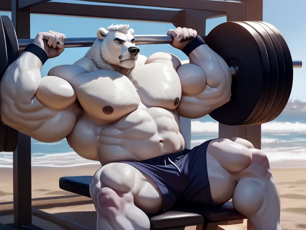 huge bulked up muscular polar bear in Californian muscle beach, big grunting noise, big bulked up flexing body, polar bear, huge white fur, thick arm, huge arm, added gray mustache, added gray beard, short white hair, weight: 310lbs, (veiny bulked up muscu...