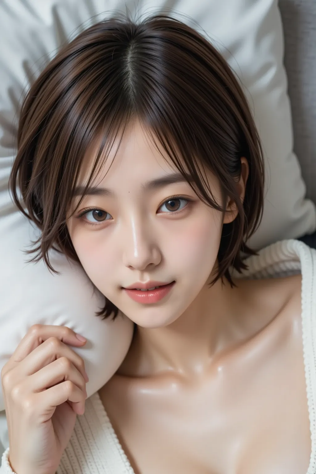 High quality,4K,Super Details,Realism,Professional grade ,bokeh,Beautiful woman with short messy hair, Blushing lying on the pillow, ah-yen,((Patient expression)), (One eye closed), ( lips), cardigan, 21 years old,[ open my mouth and spit my tongue],