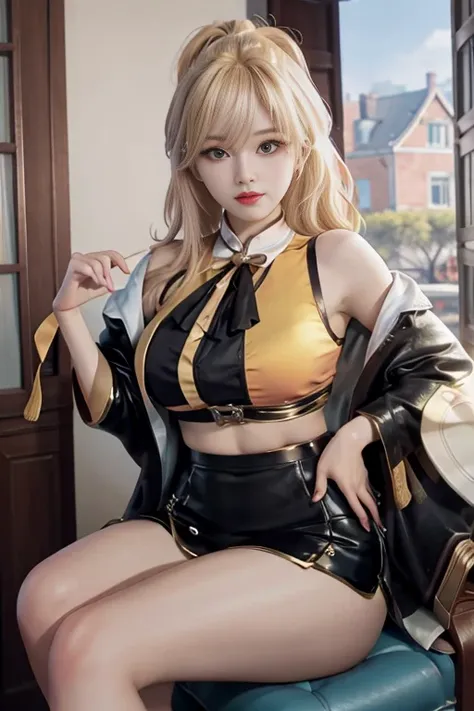 realism, real, photo: 1.4), Ji Xiaoman, Blond, (ulzzang-6500-v1.1:0.7), cute face, large breasts, thick thighs, long legs, real, photo,