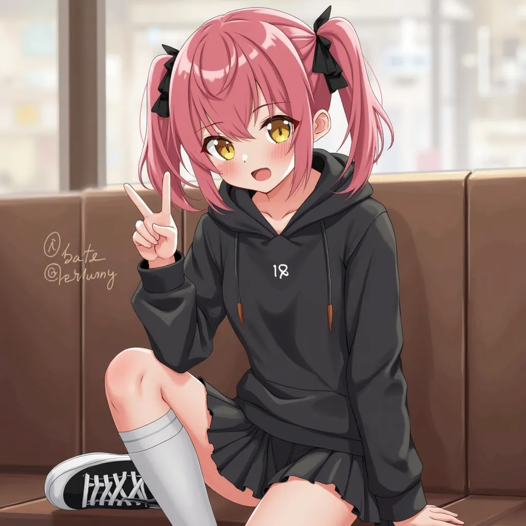 solo, 1080p resolution, pink hair pigtails, blushing, glowing yellow eyes, long eyelashes, small breasts, black ribbons in hair, open mouth, peace sign, black hoodie, short black skirt, long white socks, black sneakers, skinny, short, adult, mature, young ...