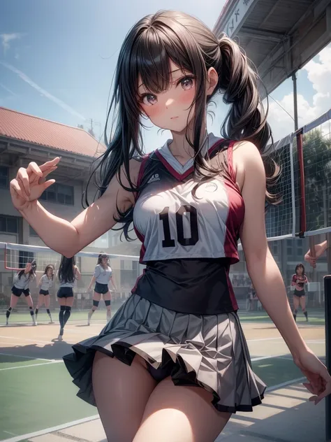 top quality、 total limb、 perfect to fingertips 、 1 beautiful woman、beautiful big breasts、 medium hair、poneyTail、 dark-haired、(白 Volleyball uniform:1.3)、white super micro length pleated skirt、Bold Sexy Poses、18-year-old girl、Gym、Volleyball Court、Volley、bral...