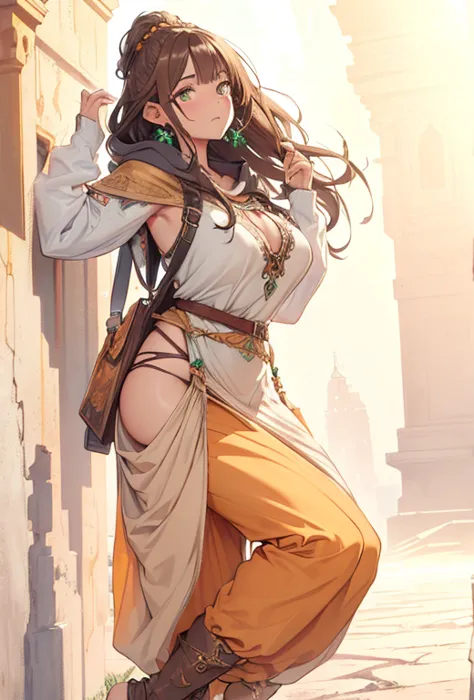 ((best quality))) (((HD))) (((8k))) (character) 20-year-old woman, ((adventurous)), (long pointy ears), freckles, elf, short stature and plump, chunky ((large breasts:1.2)), (wide hips:1.2), (dark brown hair:1.2), medium length and held back with a hair ba...