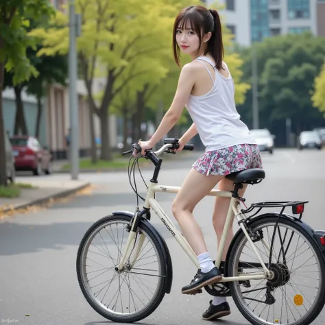 (City roads), masterpiece:1.37, super realistic, Photorealistic, dramatic scene, smile:0.8, (25 year old asian girl, alone, alone), (medium chest, medium ass, Japanese models, thin waist, beautiful eyes, beautiful face, symmetrical eyes:1.21, ((twintail:1...