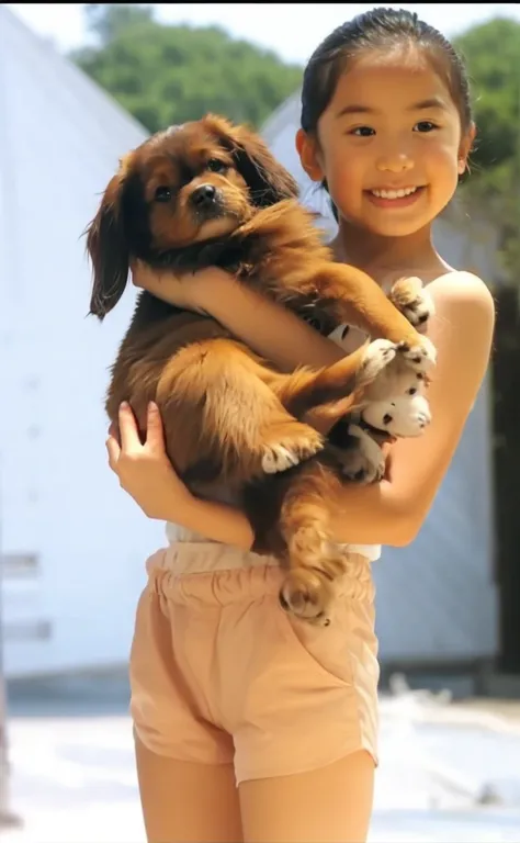 1_little_girls,7_Year_old,wearing shorts,holding a dog,on the beach