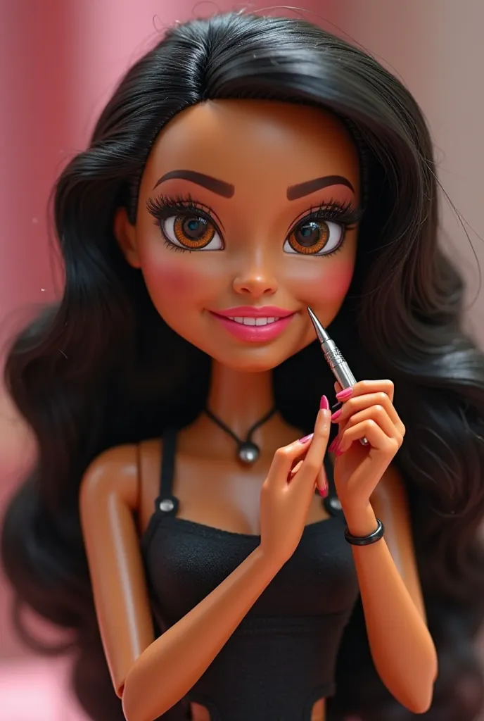 Disney Lashista Trigueña doll with black hair,  honey-colored eyes with uniform pink color thick lips in her hand has a tweezer for applying eyelashes and is applying eyelash extensions to a client in a black dress 