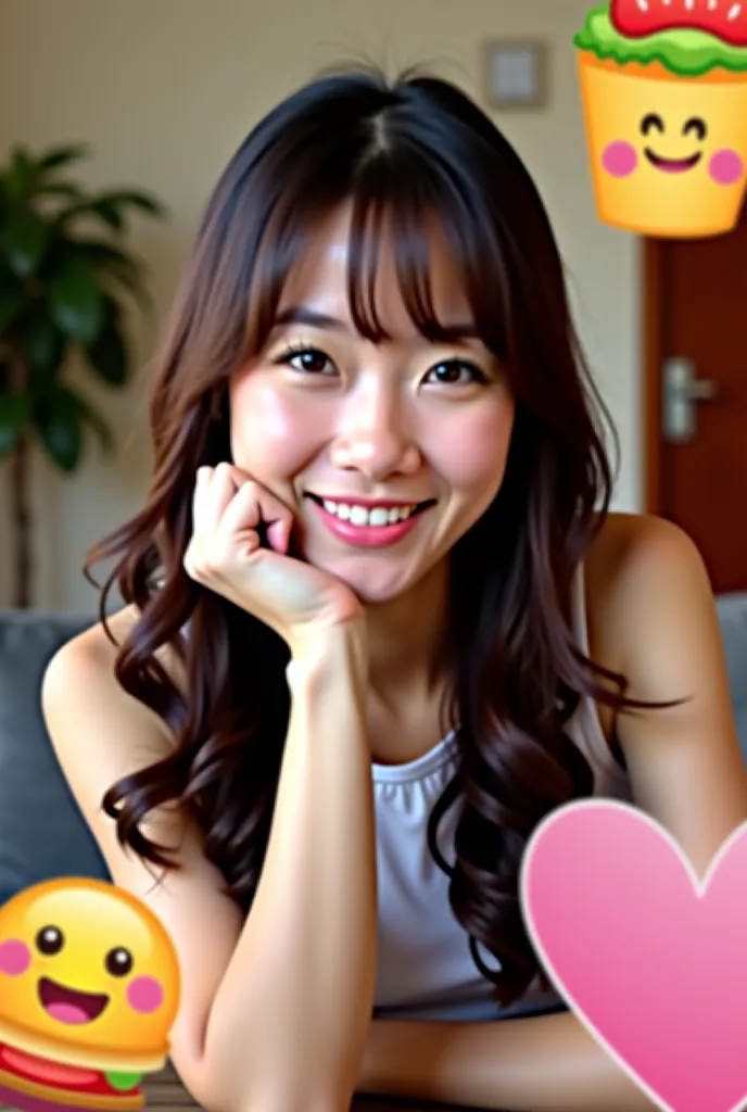 This is a digital photograph of an Asian woman  with long, wavy, dark brown hair and bangs, wearing a sleeveless white top. She is sitting indoors with soft, warm lighting, capturing her face from a slightly low angle. Her expression is cheerful expression...