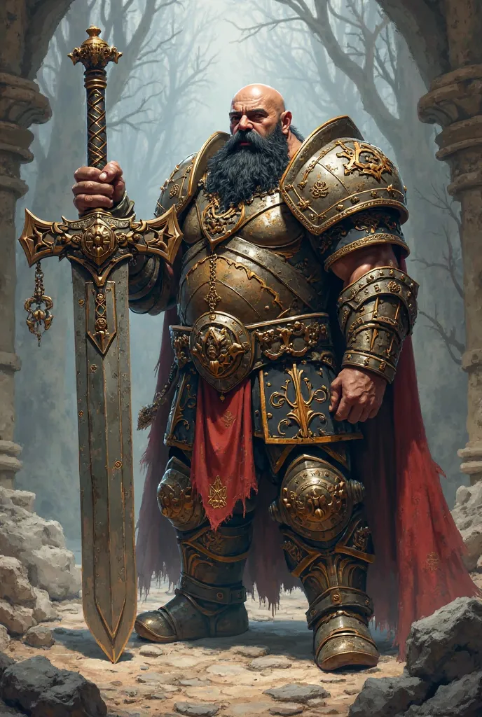 Dwarf with mustache and black V-shaped beard holding a legendary large sword in one hand and wearing heavy paladin armor